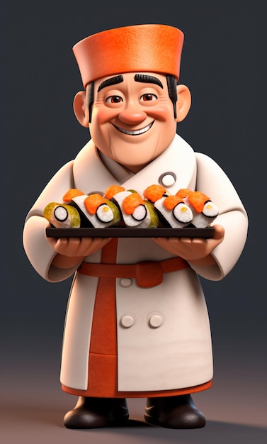 Personaggio dei cartoni animati 3D di uno chef di sushi