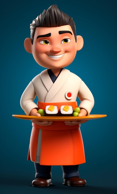 Personaggio dei cartoni animati 3D di uno chef di sushi