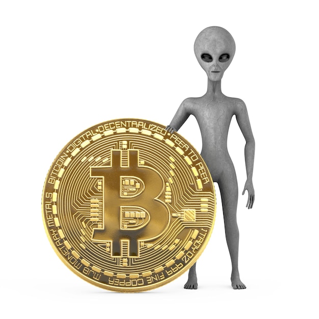 Personaggio dei cartoni animati alieno umanoide grigio spaventoso mascotte della persona con rendering 3d della moneta Bitcoin dorata digitale e criptovaluta