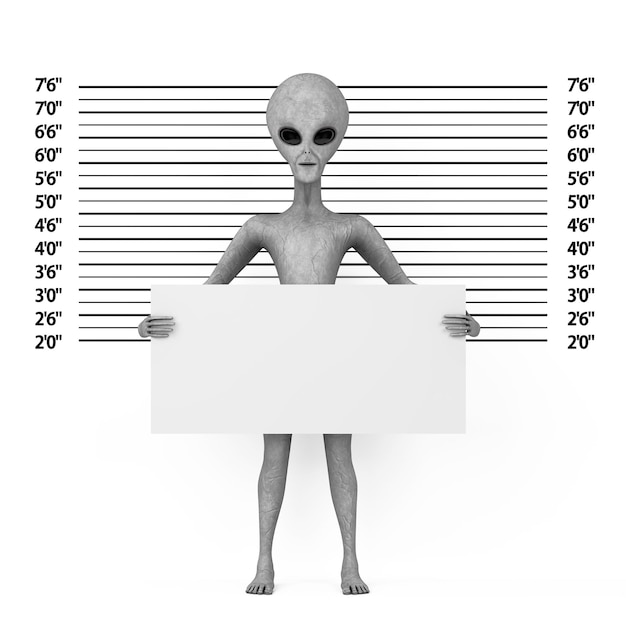 Personaggio dei cartoni animati alieno umanoide grigio spaventoso Personaggio mascotte con targa di identificazione davanti alla formazione della polizia o sfondo Mugshot Rendering 3d