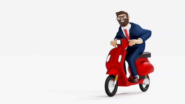 Personaggio dei cartoni animati barba uomo d'affari equitazione scooter rendering 3D