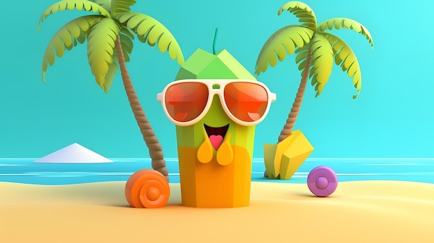 Personaggio dei cartoni animati che si gode la vita da spiaggia con palme in rendering 3D stilizzato su arte Behance 3D alla moda