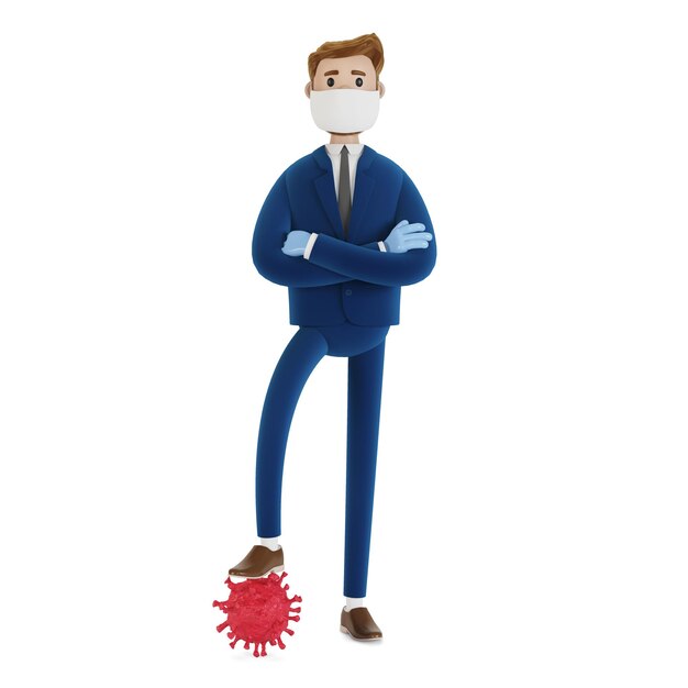 Personaggio dei cartoni animati con coronavirus. illustrazione 3d.