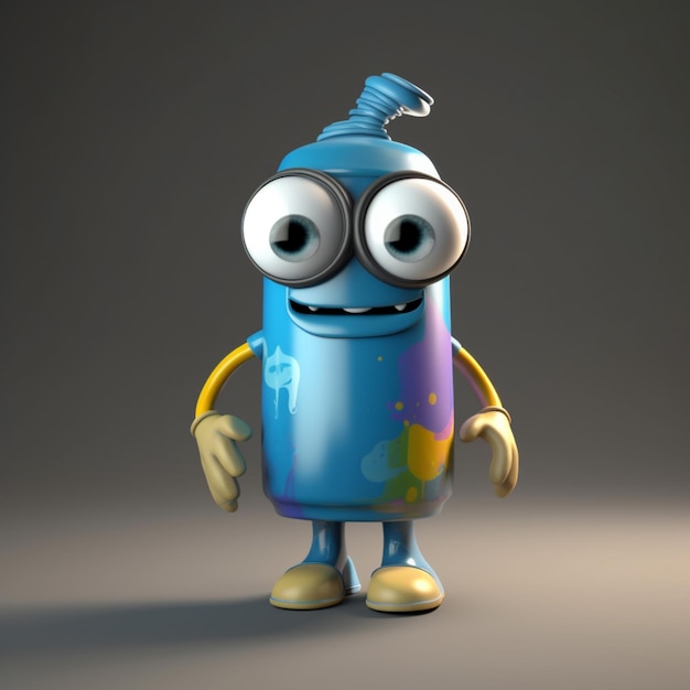 Personaggio dei cartoni animati con una bottiglia blu e gambe gialle generative ai