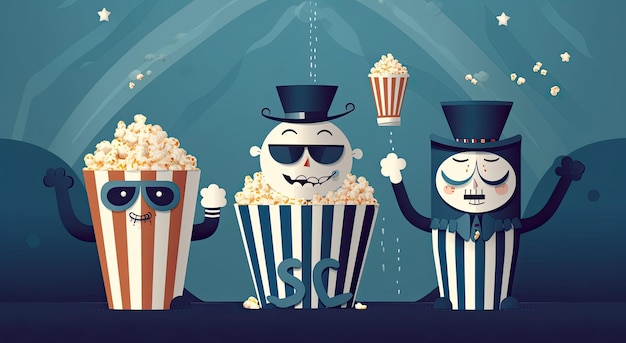 Personaggio dei cartoni animati con una grande scatola di popcorn su sfondo blu IA generativa