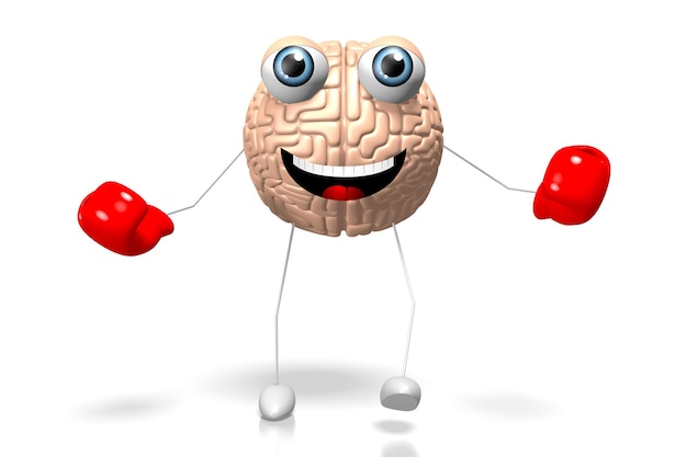 Personaggio dei cartoni animati del cervello 3D che indossa il concetto di conoscenza dei guantoni da boxe