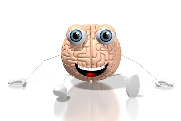 Personaggio dei cartoni animati del cervello 3D isolato su priorità bassa bianca