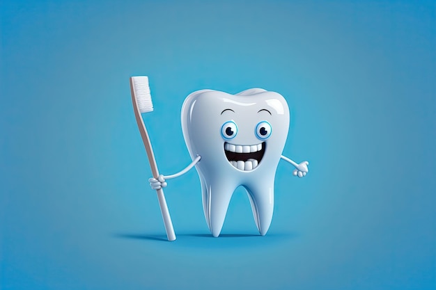 Personaggio dei cartoni animati del dente bianco con uno spazzolino da denti su sfondo blu IA generativa