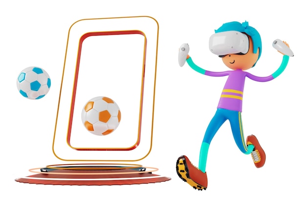 personaggio dei cartoni animati del ragazzo 3d in azione con tracciato di ritaglio illustratore 3d attività sportiva esercizio fitness allenamento allenamento stile di vita uomo giocatore tecnologia VR palestra all'aperto concetto di oggetto cyberspazio