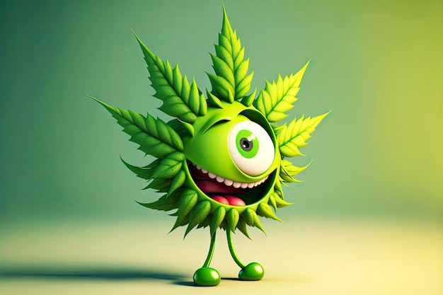 Personaggio dei cartoni animati di foglie di cannabis a forma di bocciolo di marijuana verde