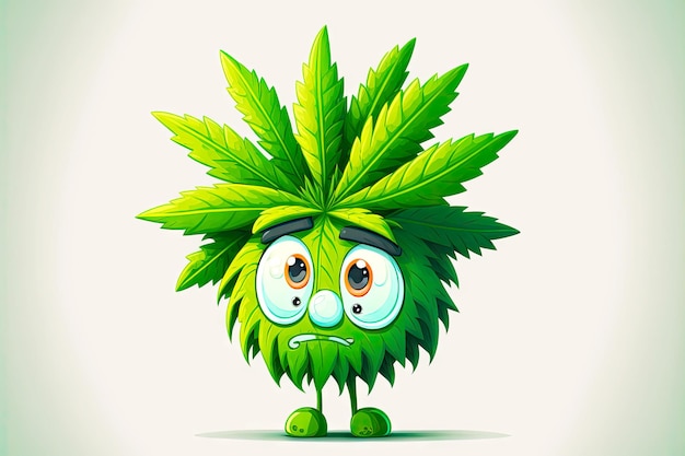 Personaggio dei cartoni animati di foglie di cannabis con viso e foglie di orecchie verdi
