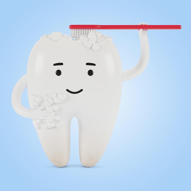 Personaggio dei cartoni animati di un dente con uno spazzolino. Il concetto di esame dentale dei denti, salute e igiene dentale. Illustrazione 3D.