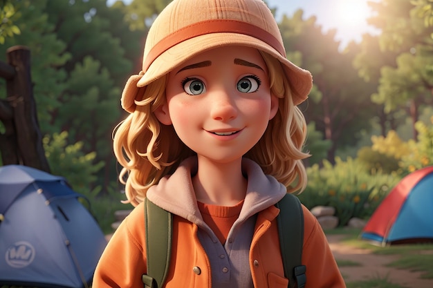 Personaggio dei cartoni animati di una ragazza in abiti da campeggio