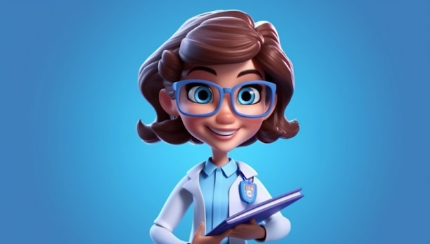 Personaggio dei cartoni animati donna caucasica medico detiene appunti indossa occhiali e variazione uniforme 3