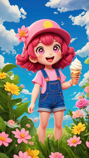 Personaggio dei cartoni animati gioioso che gode di un gelato