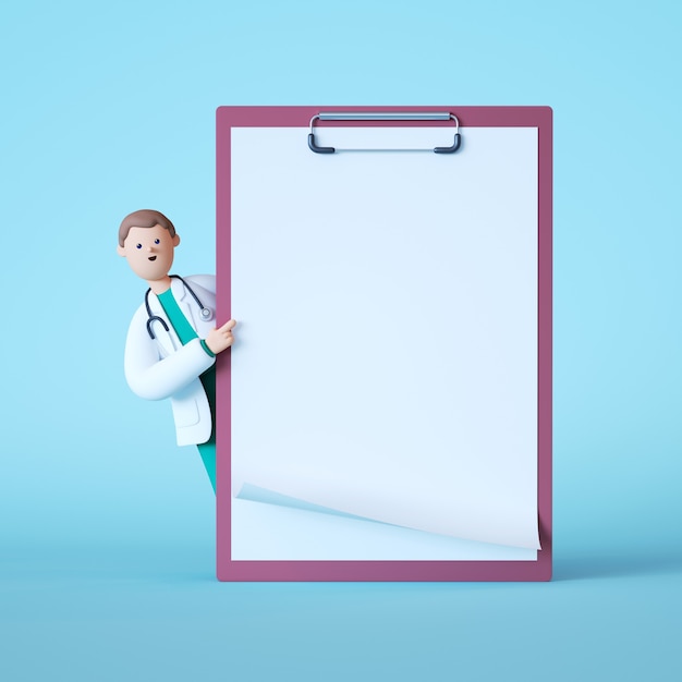 Personaggio dei cartoni animati medico in piedi vicino a grande clip board con carta bianca.