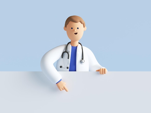 personaggio dei cartoni animati medico intelligente che indossa uniforme e stetoscopio che punta il dito verso il basso