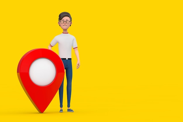 Personaggio dei cartoni animati persona uomo con puntatore mappa rosso Pin di destinazione 3d Rendering