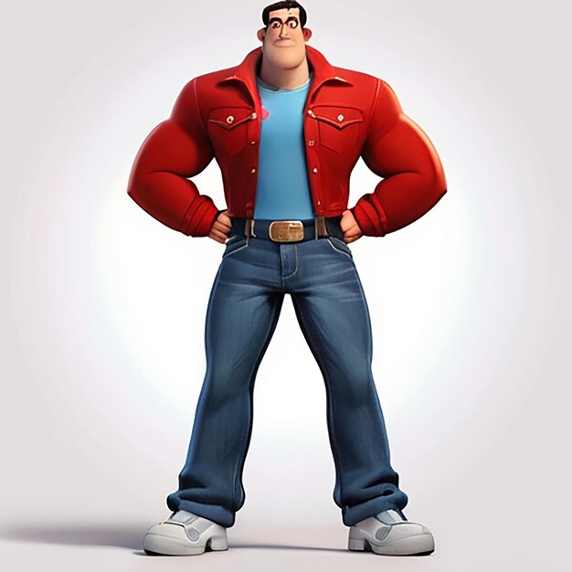 Personaggio dei cartoni animati Red Jacket con jeans blu