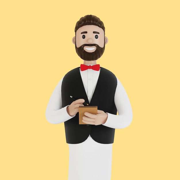 Personaggio dei cartoni animati un cameriere con un taccuino e una matita prende un'illustrazione 3D dell'ordine