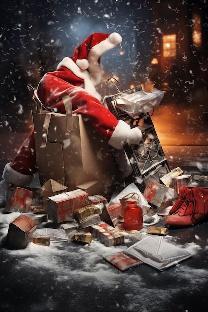 personaggio del film in una cartolina di Natale con un sacco di regali