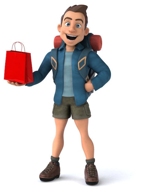 Personaggio dell'uomo zaino in spalla dei cartoni animati 3D