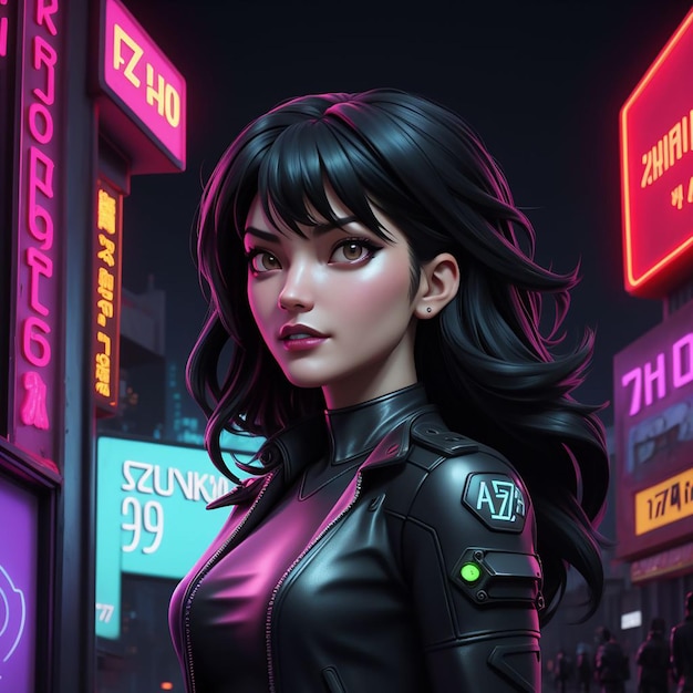 personaggio della ragazza cyberpunk che indossa una giacca di pelle con sfondo di insegne al neon