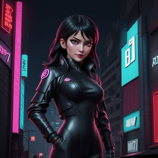 personaggio della ragazza cyberpunk che indossa una giacca di pelle con sfondo di insegne al neon