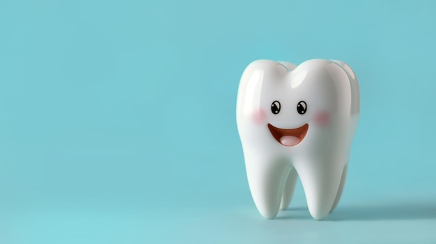 Personaggio dentale 3D sorridente su sfondo blu isolato con banner di spazio di copia concetto dentale