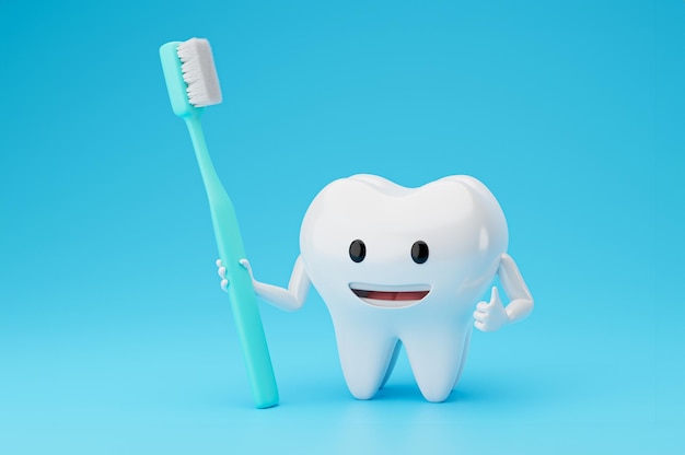 Personaggio dentale con spazzolino da denti rendering 3D