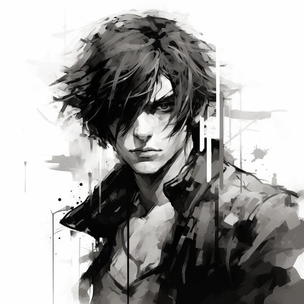 Personaggio di anime dai capelli neri Un ritratto monocromatico nello stile di Mark Lague