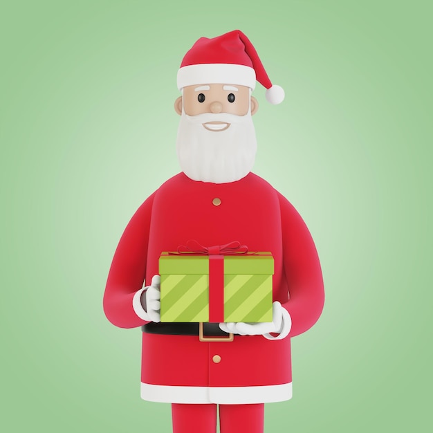 Personaggio di Babbo Natale felice con confezione regalo Per biglietti di Natale banner ed etichette Illustrazione 3D in stile cartone animato