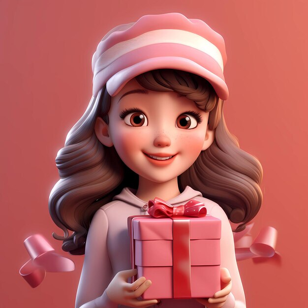 Personaggio di cartone animato 3D di una ragazza che tiene una scatola regalo rosa su uno sfondo rosa