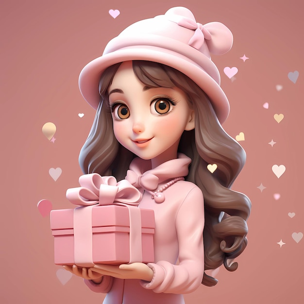 Personaggio di cartone animato 3D di una ragazza che tiene una scatola regalo rosa su uno sfondo rosa