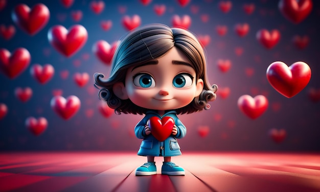 Personaggio di cartone animato 3D e cuore cuore sfondo cuore 3D