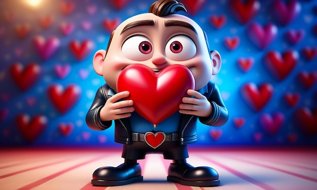 Personaggio di cartone animato 3D e cuore cuore sfondo cuore 3D