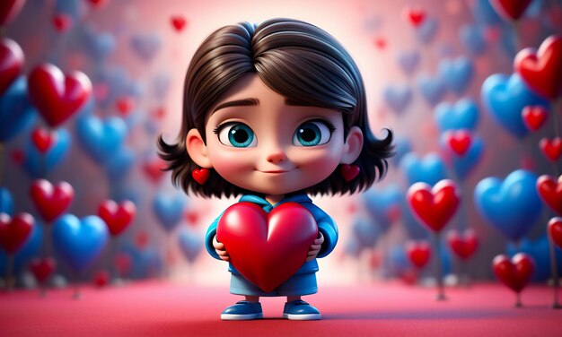 Personaggio di cartone animato 3D e cuore cuore sfondo cuore 3D