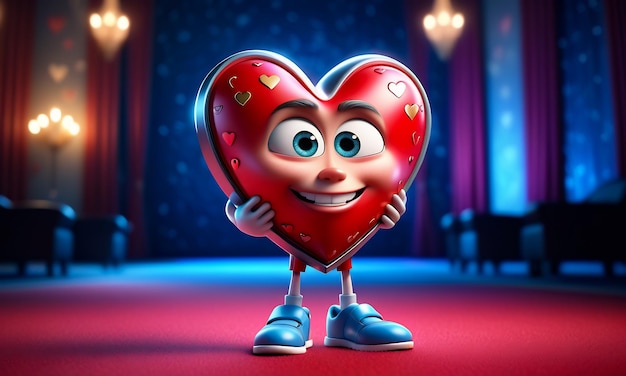 Personaggio di cartone animato 3D e cuore cuore sfondo cuore 3D