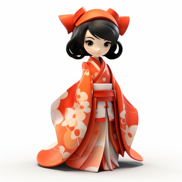 Personaggio di cartone animato 3D in kimono su sfondo bianco