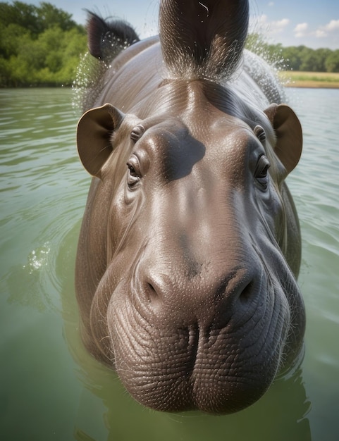 Personaggio di cartone animato 3D ippopotamo in piedi all'interno dell'acqua