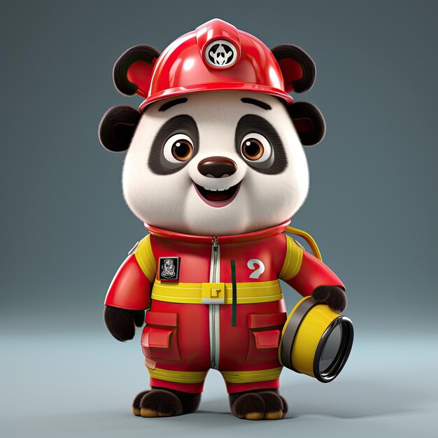 Personaggio di cartone animato 3D panda pompiere carino e felice