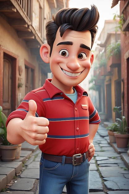 Personaggio di cartone animato amichevole con camicia a righe rosse che alza il pollice
