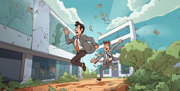 personaggio di cartone animato che cammina in città personaggio di cartoon che fugge dal personale dell'edificio