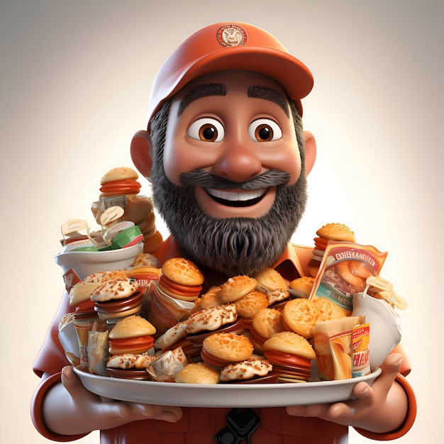 Personaggio di cartone animato con fast food su un piatto illustrazione 3D