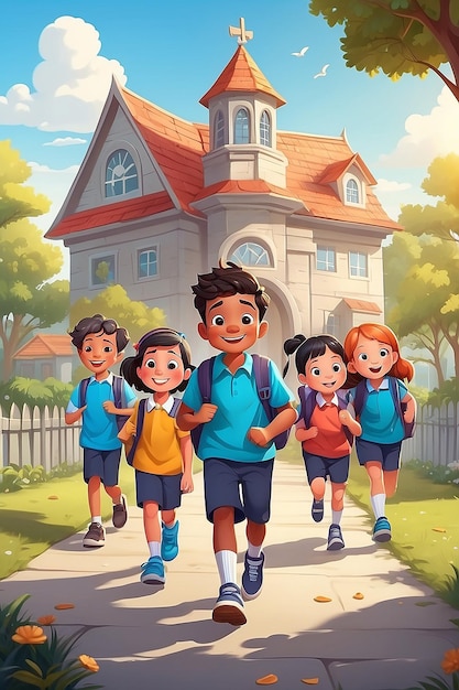 Personaggio di cartone animato di bambini che vanno a scuola felici di tornare a scuola concetto