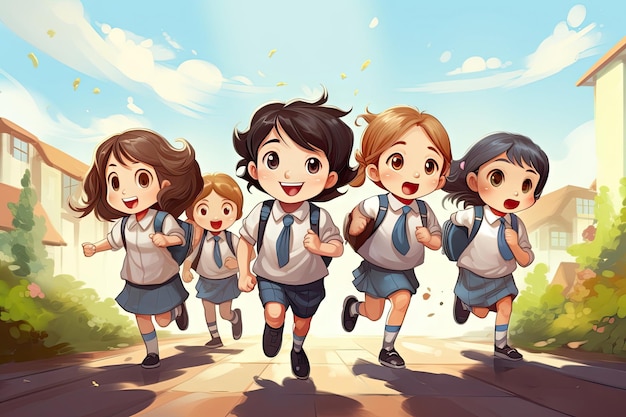 Personaggio di cartone animato di bambini che vanno a scuola felici di tornare a scuola concetto