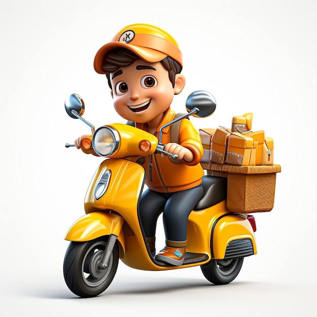 Personaggio di cartone animato di consegna 3D con scooter