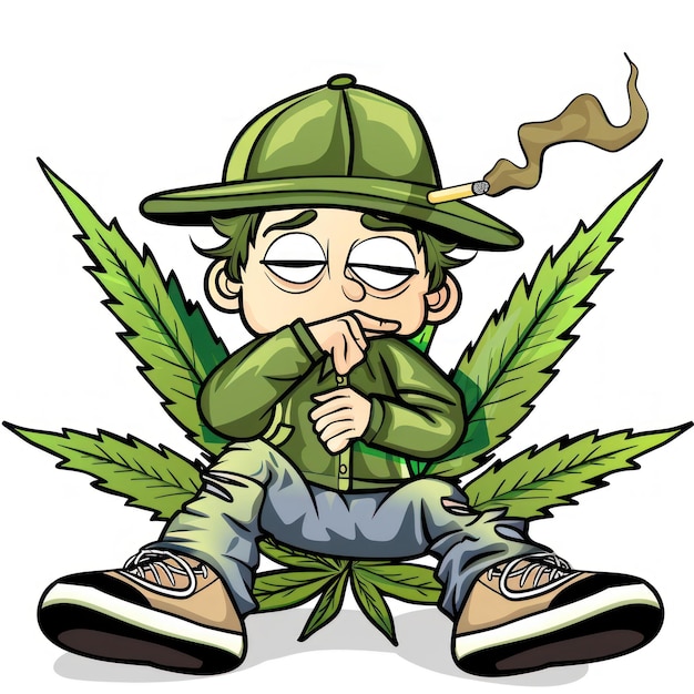 personaggio di cartone animato di foglia di cannabis seduto sui suoi piedi fumando un joint