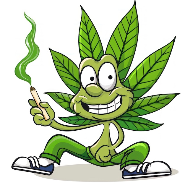 personaggio di cartone animato di foglia di cannabis seduto sui suoi piedi fumando un joint
