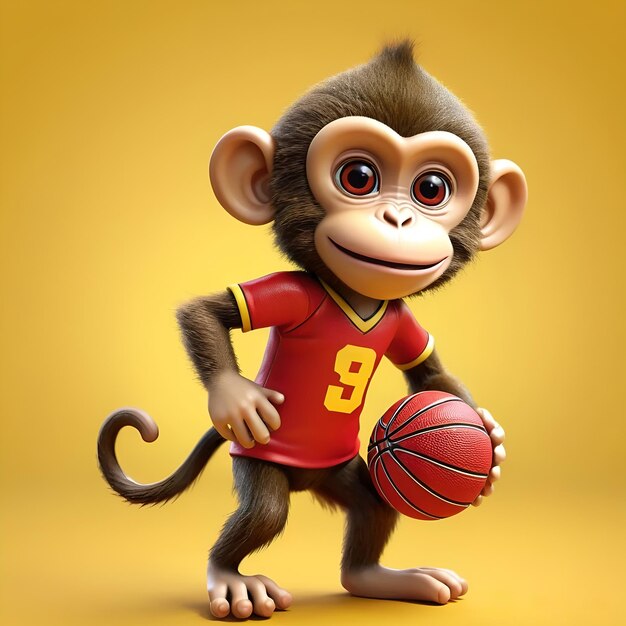 Personaggio di cartone animato di scimmia 3D che indossa una maglia rossa che gioca a basket
